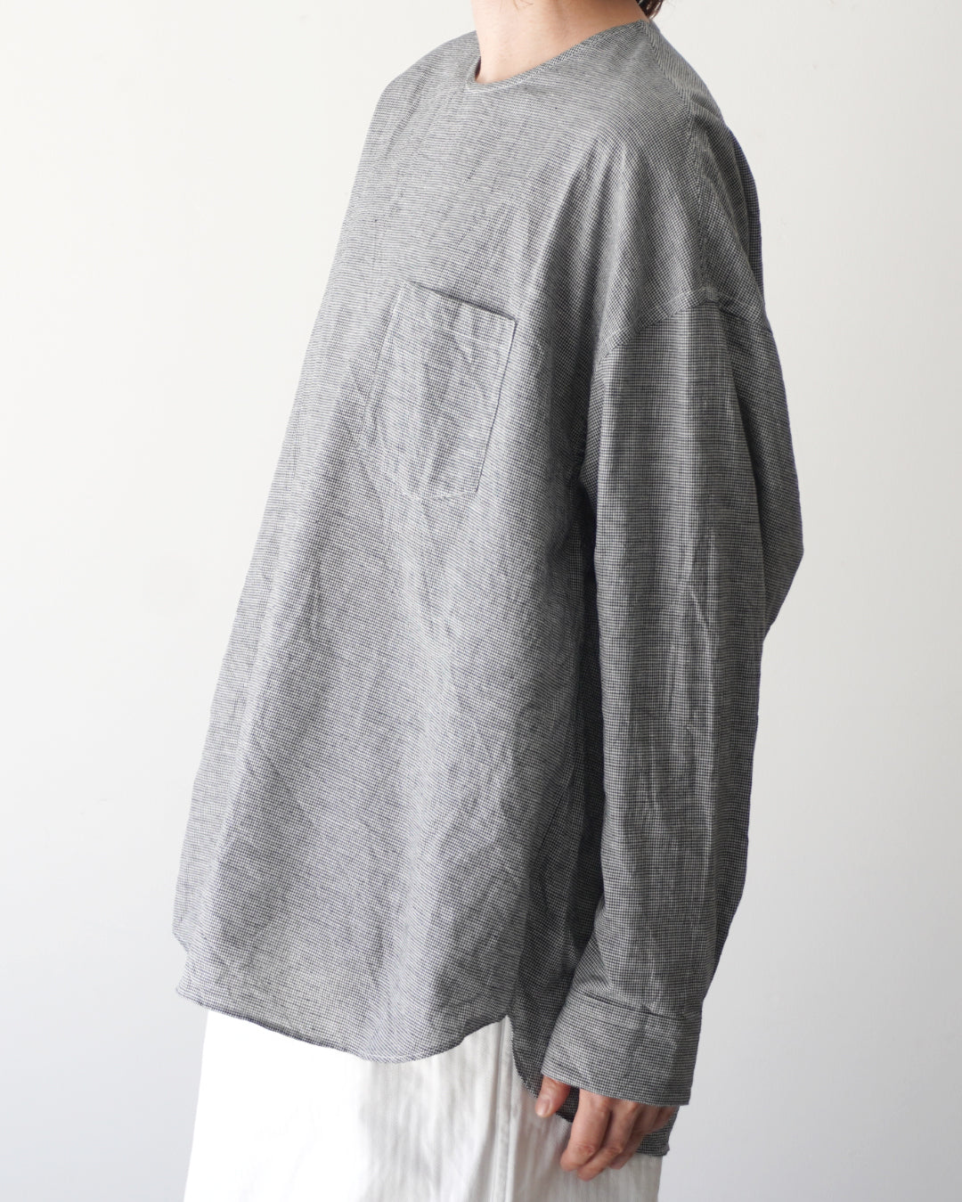 ゴーシュ コットンリネンガーゼ 丸首ブラウス / 千鳥柄